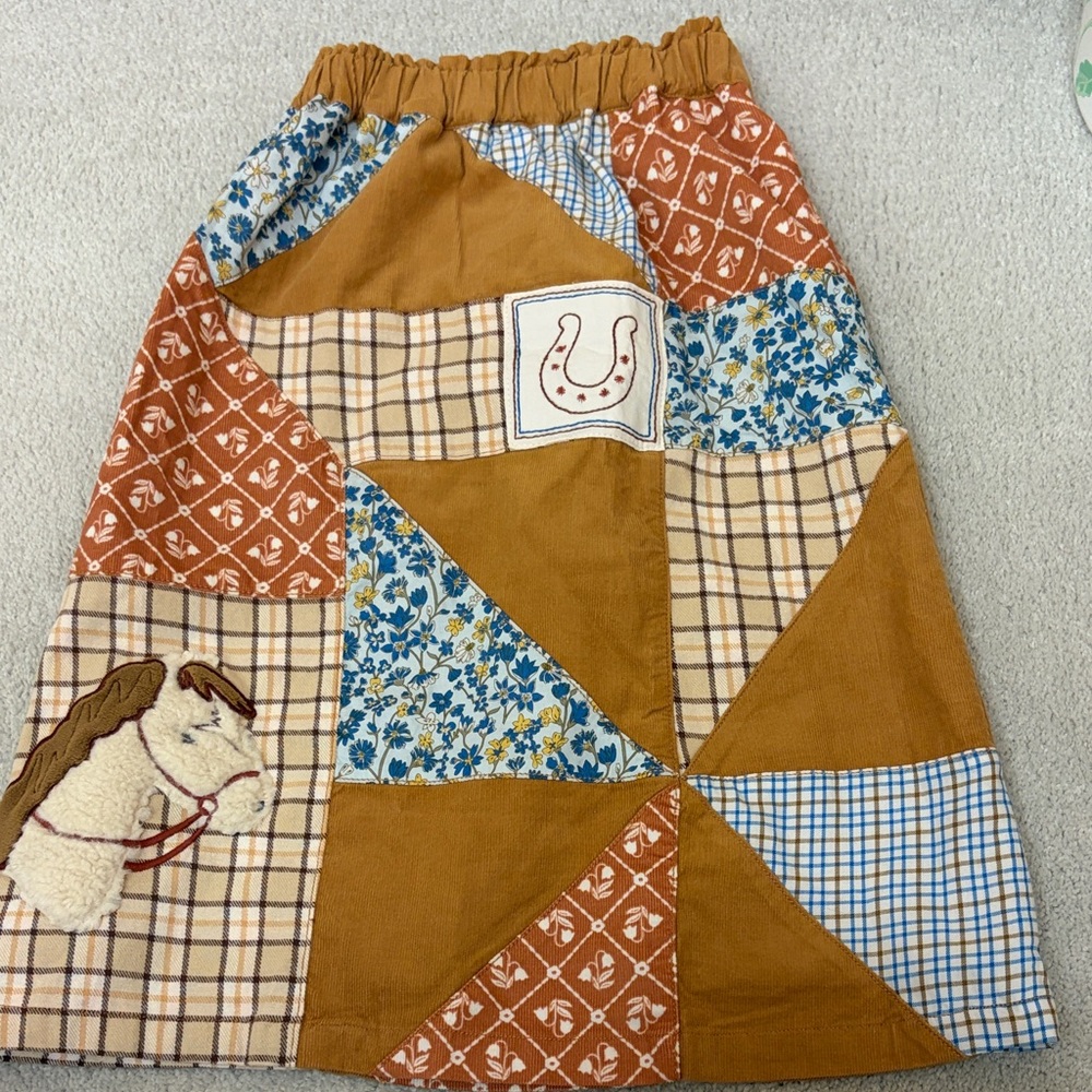 Girls' Patchwork Skirt in Mustard, Rust & Blue — Elastic Waist